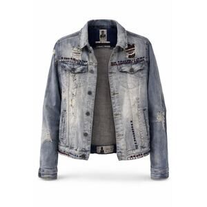 Statement Industrial Indigo Distressed Studded Denim Jacket Medium Vintage Y2K